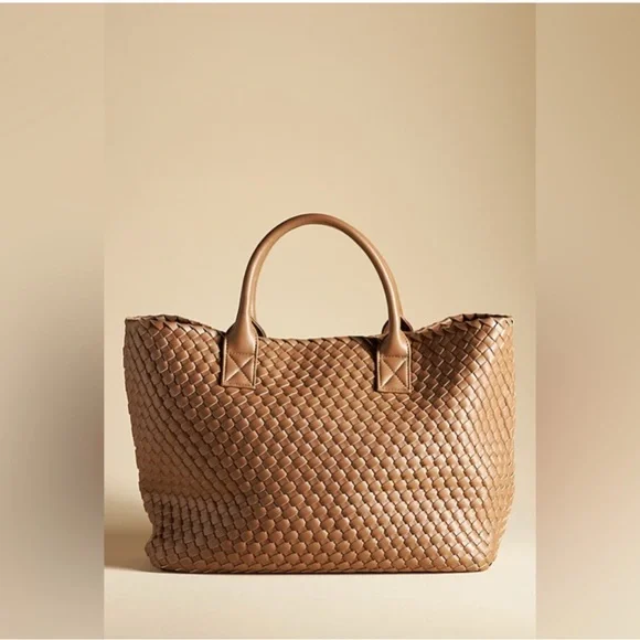 Anthropologie Woven Faux Leather Tote Tan - Picture 2 of 9